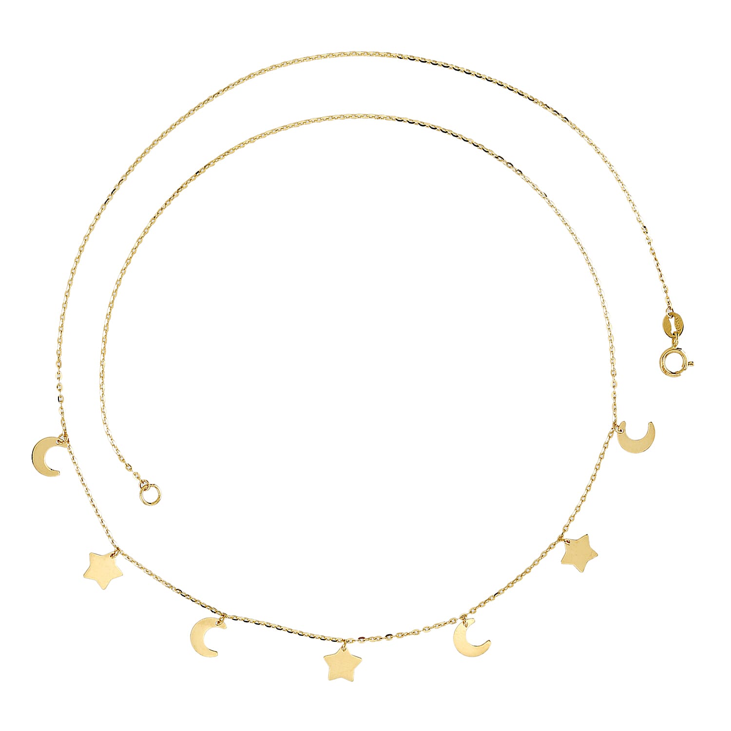 9K Yellow Gold Crescent Moon & Star Necklace (Size - 17.50)