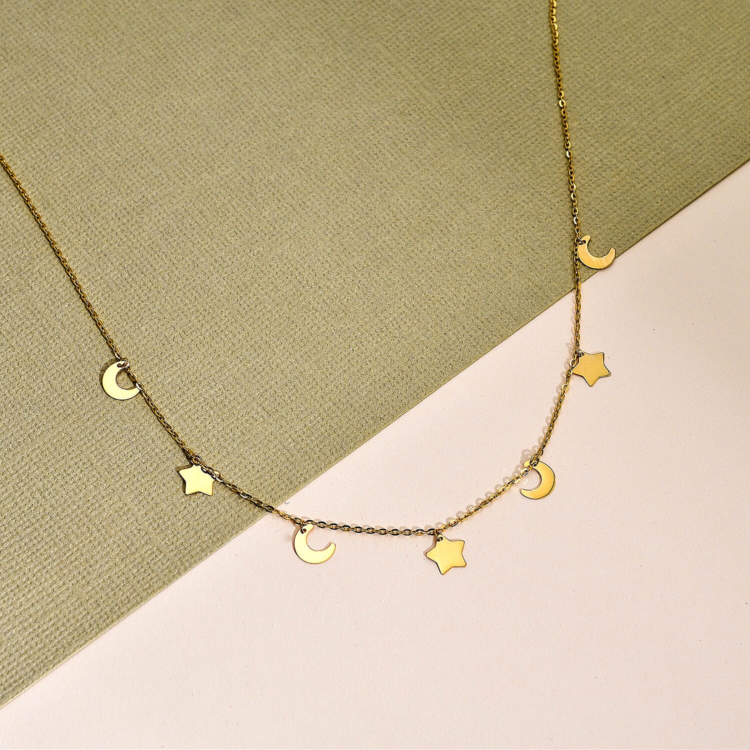 9K Yellow Gold Crescent Moon & Star Necklace (Size - 17.50)
