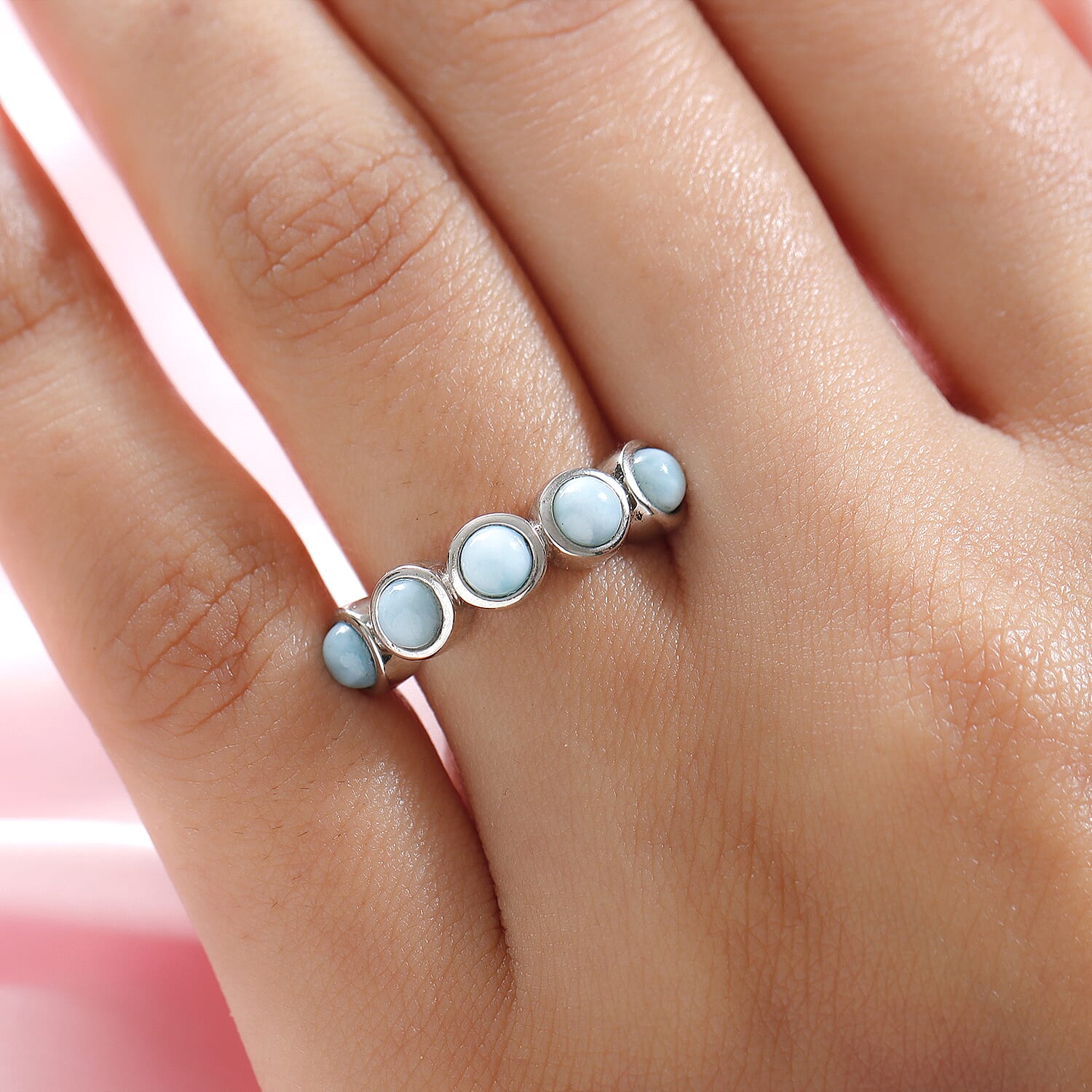 Larimar 5 Stone Ring in Platinum Overlay Sterling Silver 1.59 Ct.