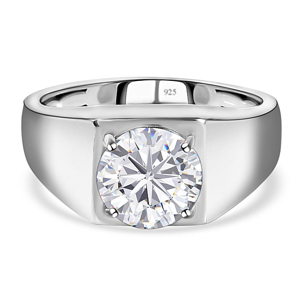 Moissanite Solitaire Signet Men's Ring in Platinum Plated Sterling ...