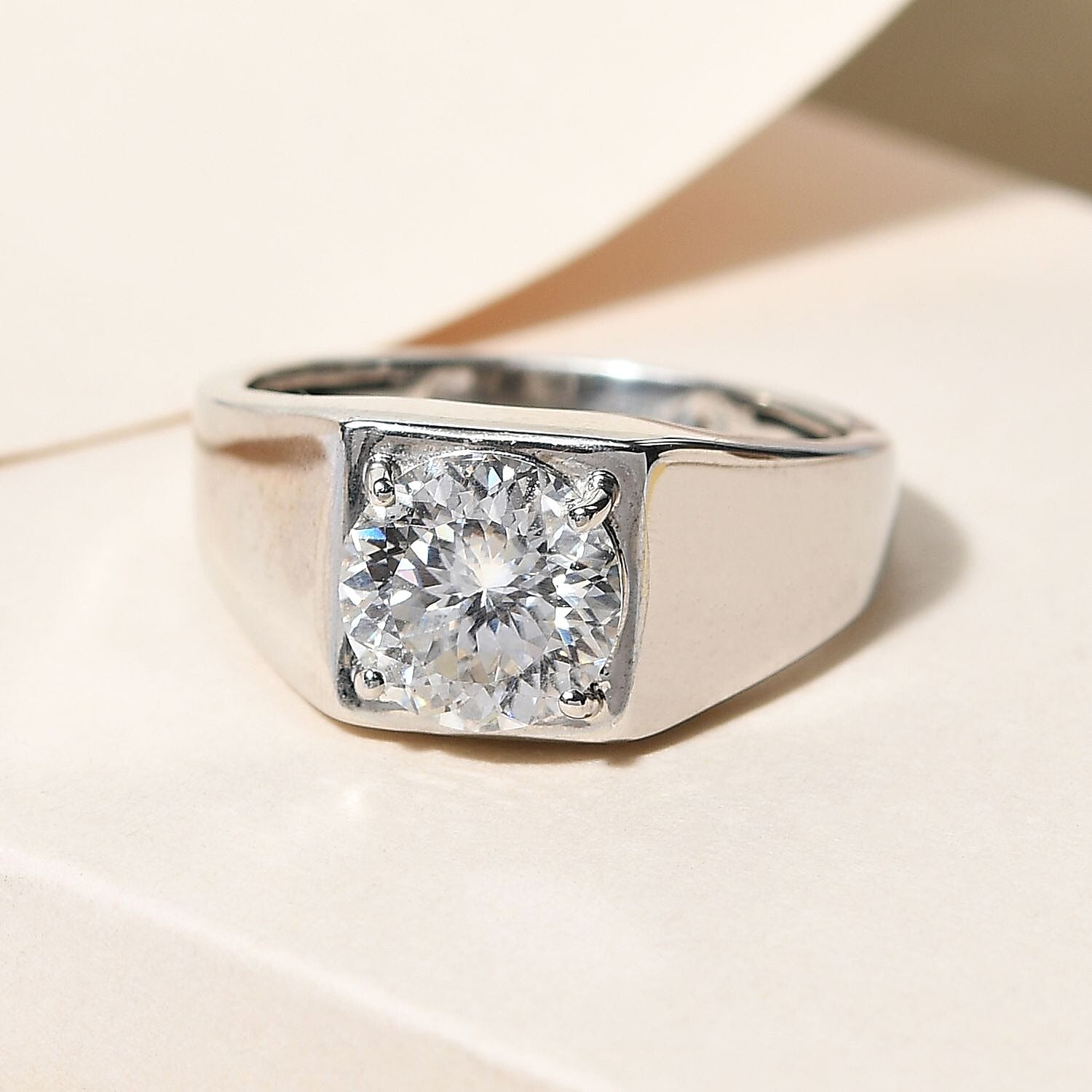 Moissanite Solitaire Mens Ring in Platinum Overlay Sterling Silver 1.72 Ct