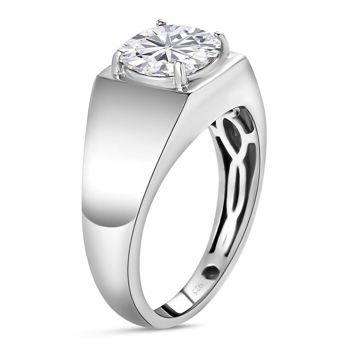 Moissanite Solitaire Mens Ring in Platinum Overlay Sterling Silver 1.72 Ct