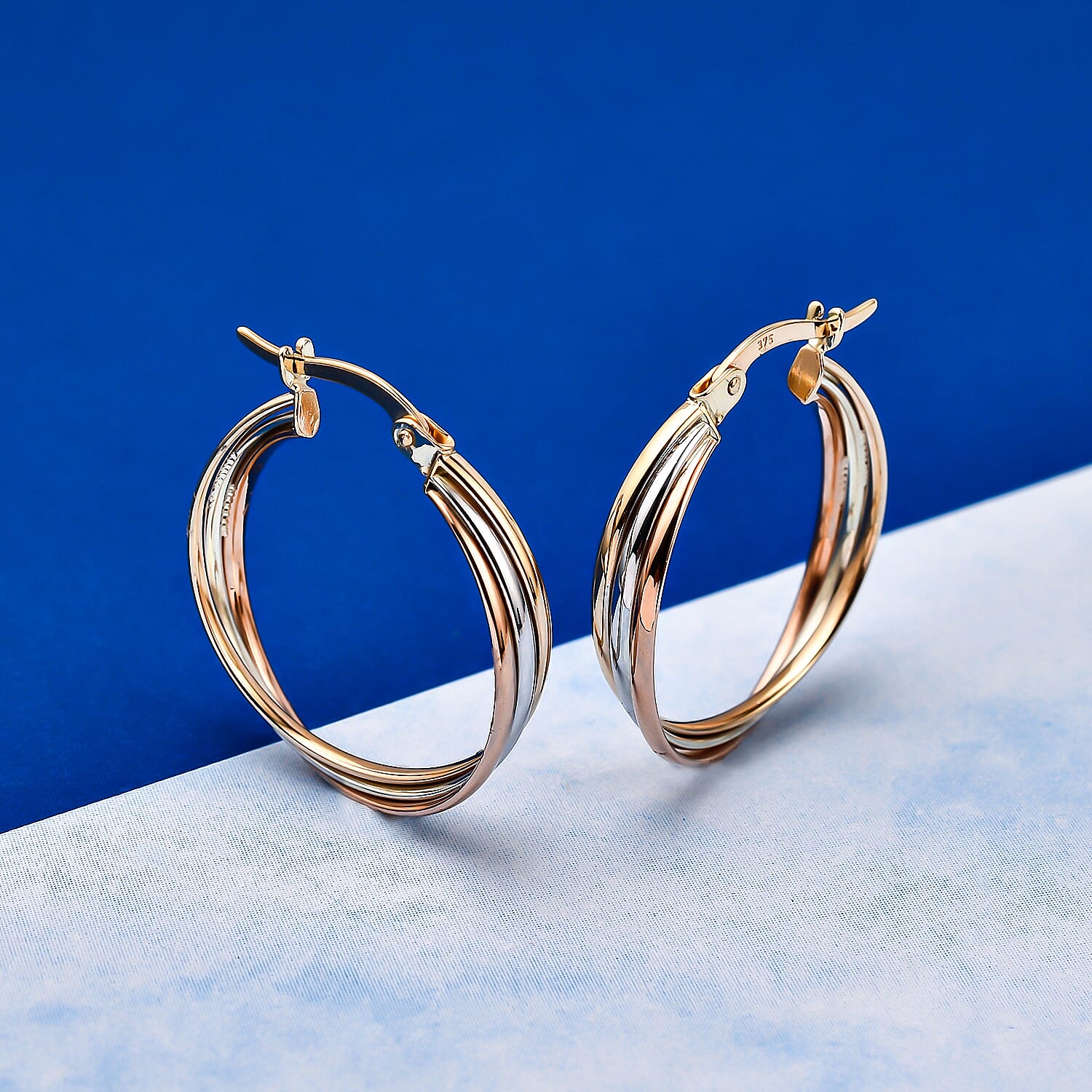 9K White, Yellow and Rose Gold Hoop Earrings (With Clasp)