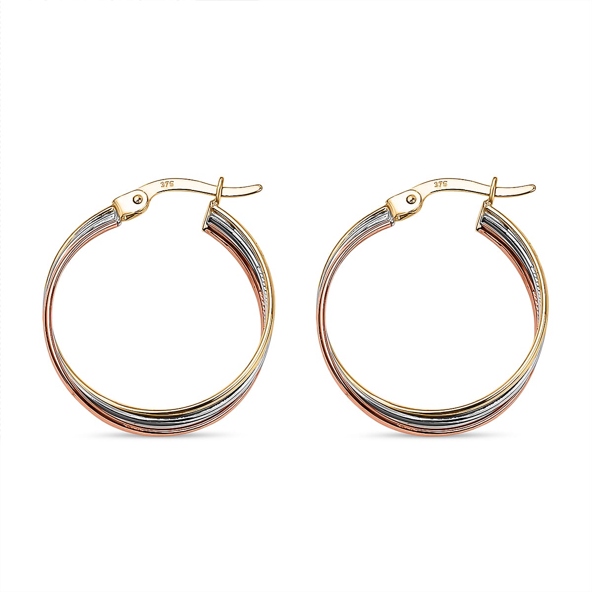 9K White, Yellow and Rose Gold Hoop Earrings (With Clasp)