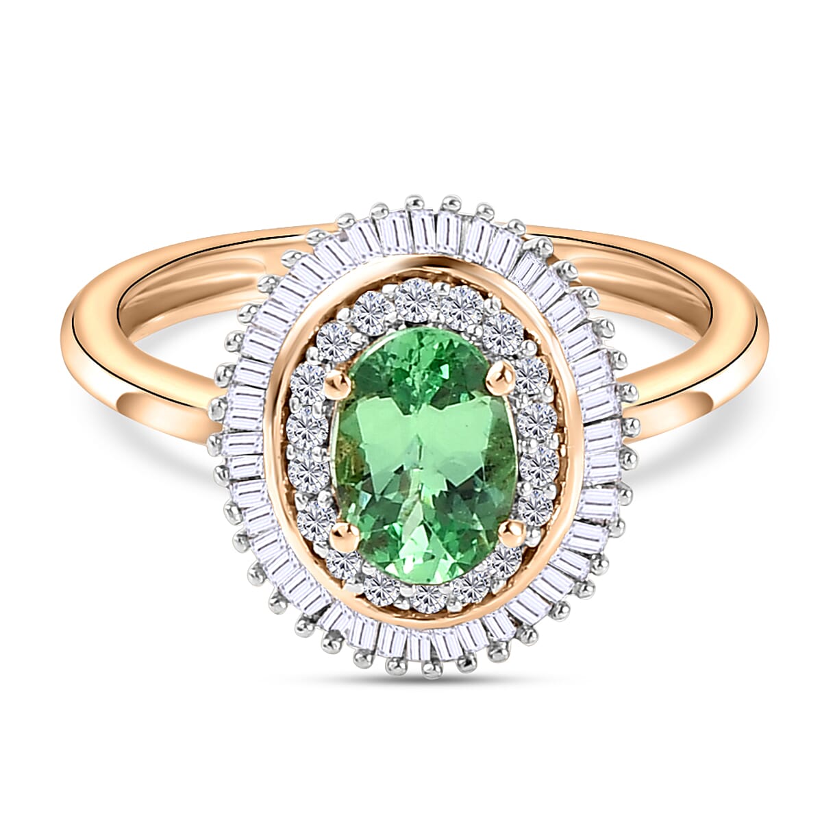9K Yellow Gold AAA Tsavorite and Diamond Halo Ring 1.09 Ct.