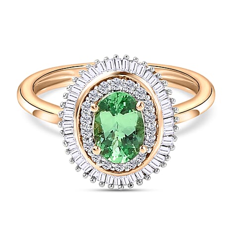 9K Yellow Gold AAA Tsavorite and Diamond Halo Ring 1.09 Ct.