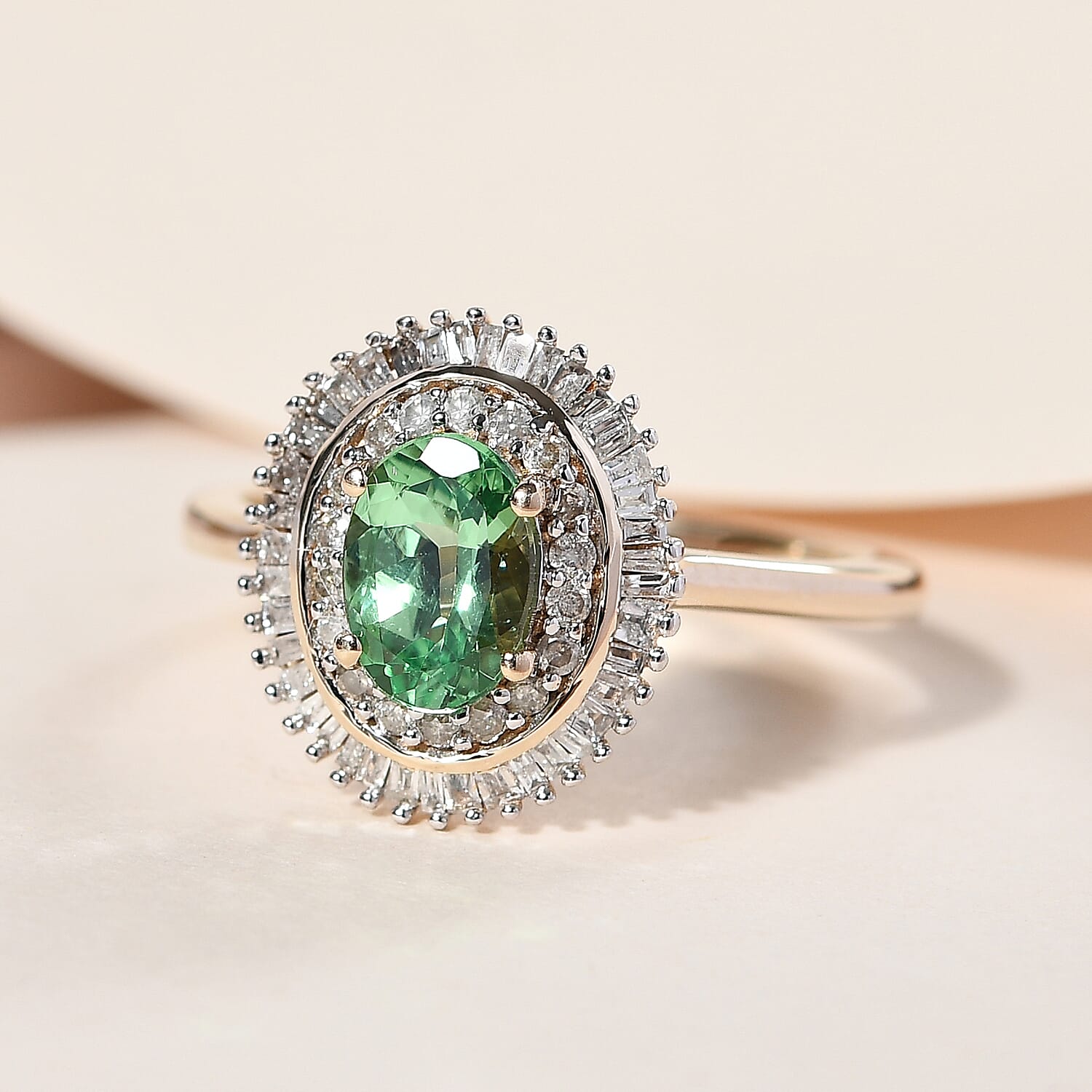 9K Yellow Gold AAA Tsavorite and Diamond Halo Ring 1.09 Ct.