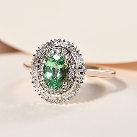 9K Yellow Gold AAA Tsavorite and Diamond Halo Ring 1.09 Ct.