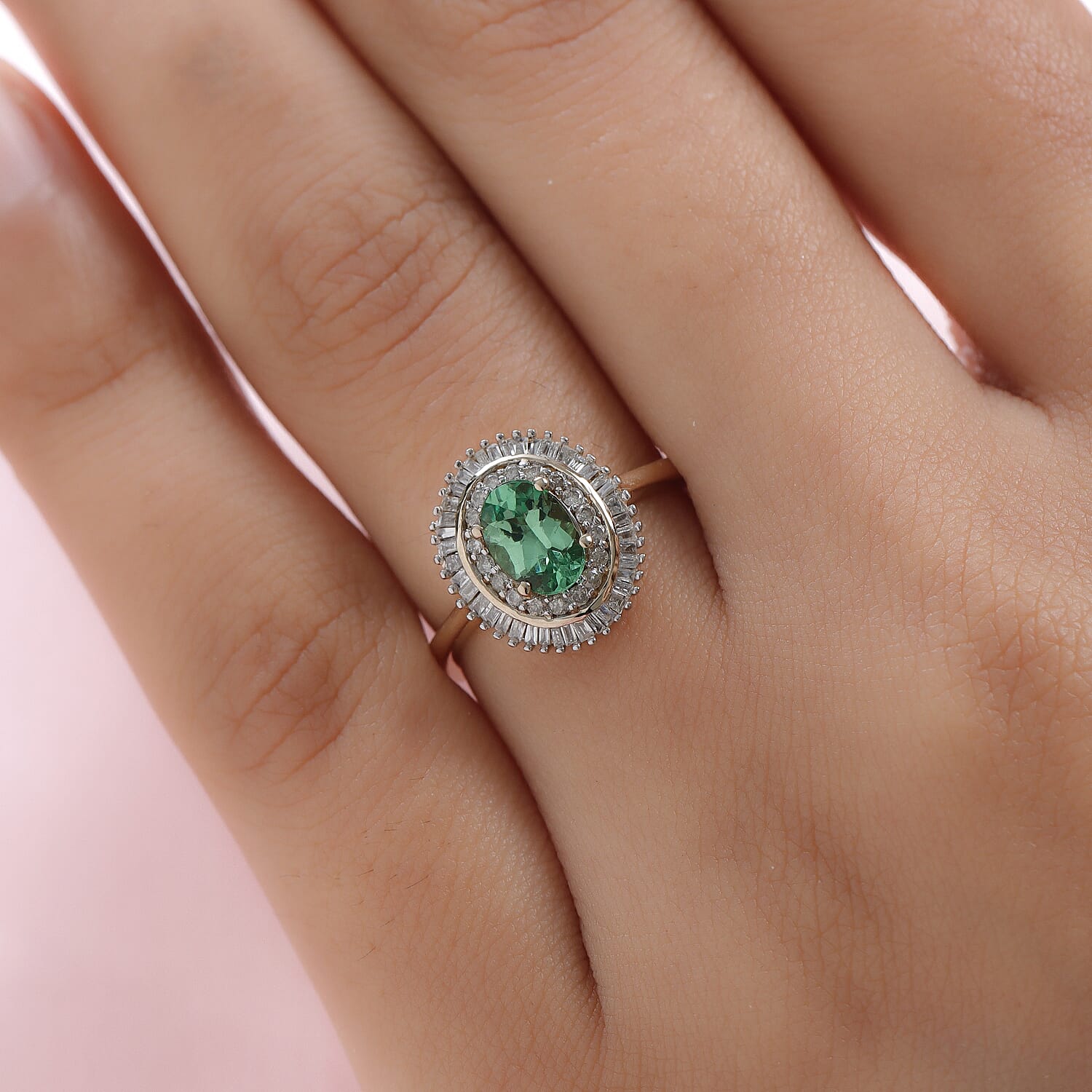 9K Yellow Gold AAA Tsavorite and Diamond Halo Ring 1.09 Ct.