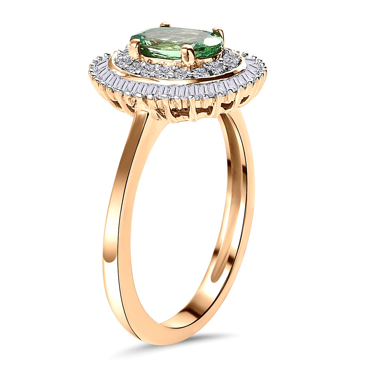 9K Yellow Gold AAA Tsavorite and Diamond Halo Ring 1.09 Ct.