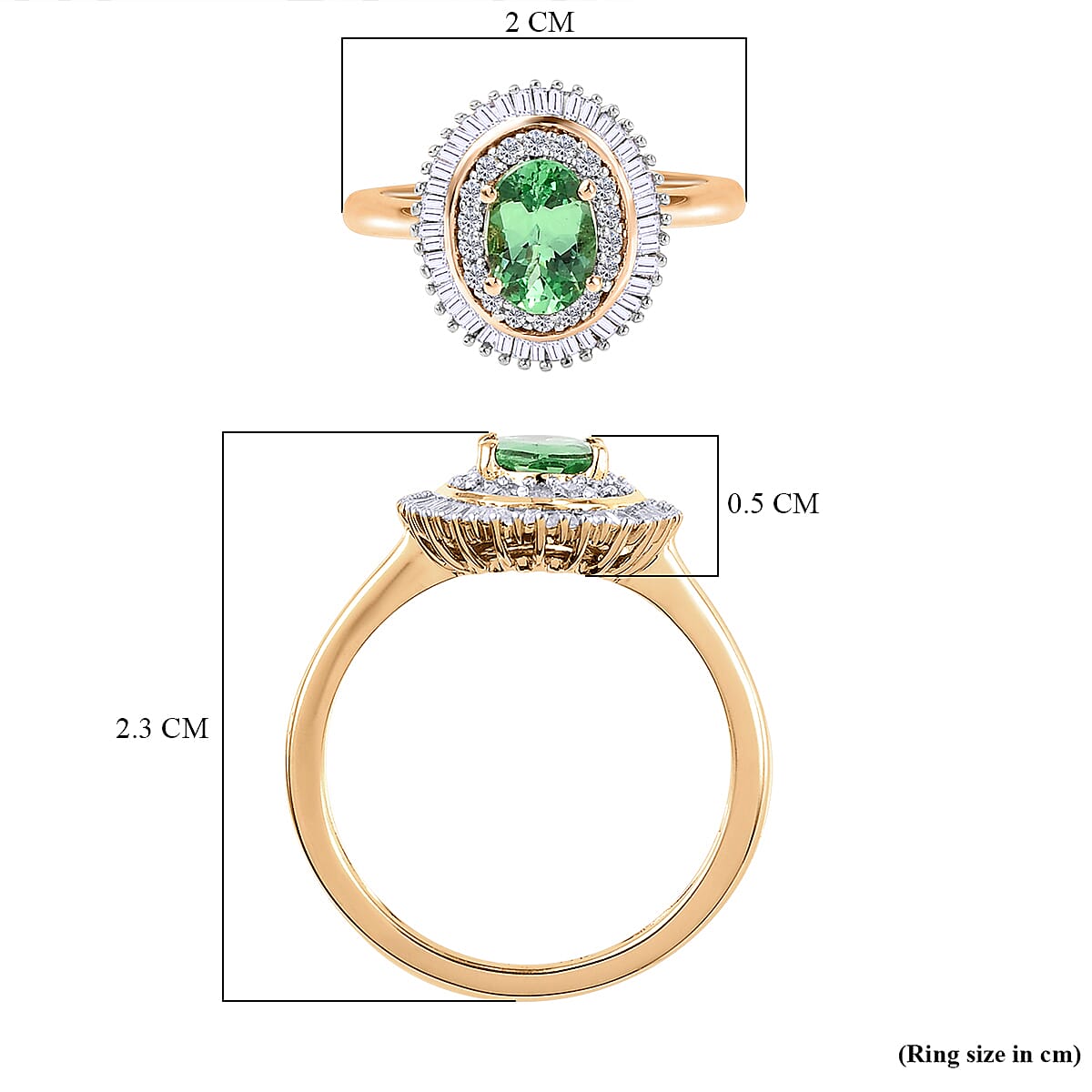 9K Yellow Gold AAA Tsavorite and Diamond Halo Ring 1.09 Ct.