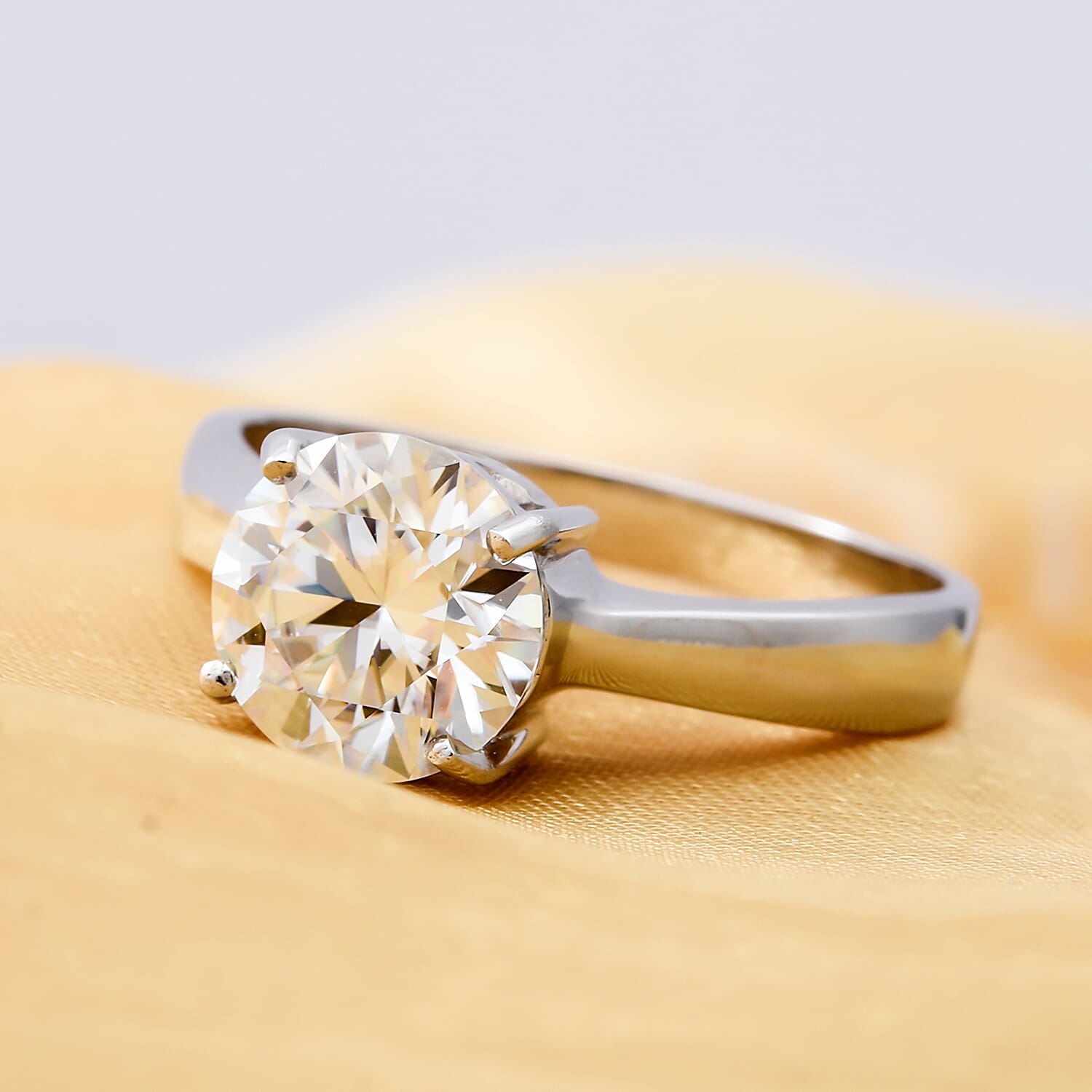 Moissanite Round Solitaire 100 Faceted Ring in Rhodium Overlay Sterling Silver