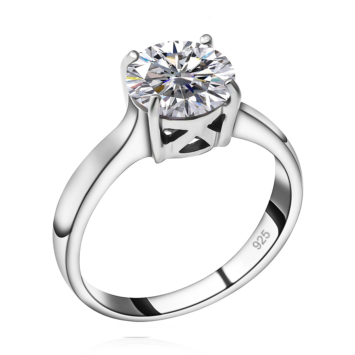 Moissanite Round Solitaire 100 Faceted Ring in Rhodium Overlay Sterling Silver