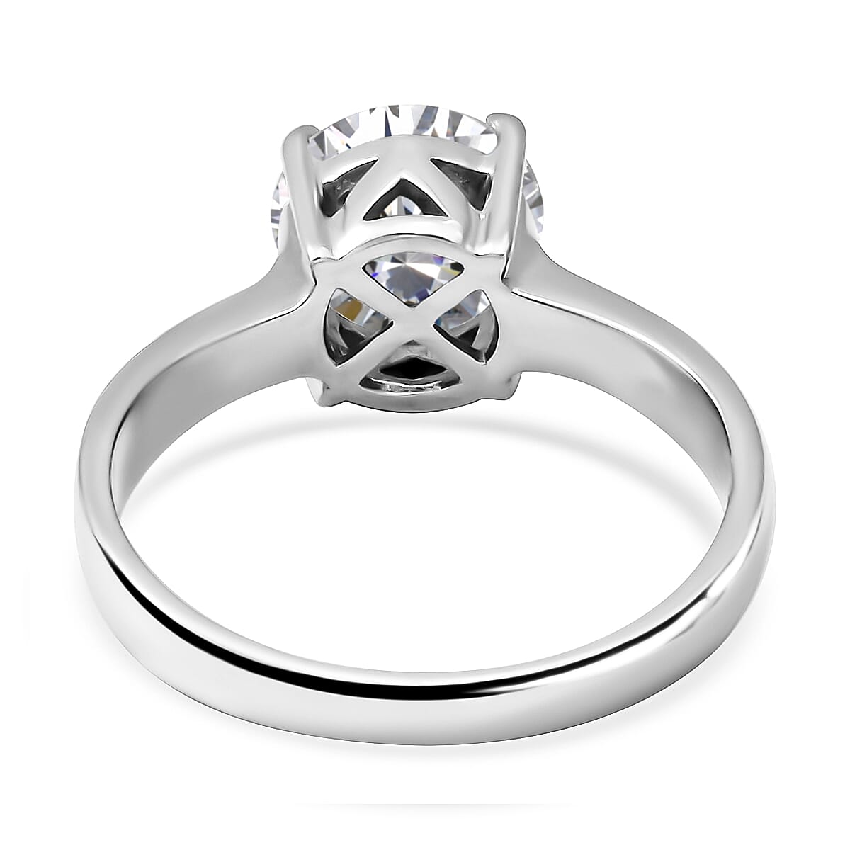 Moissanite Round Solitaire 100 Faceted Ring in Rhodium Overlay Sterling Silver
