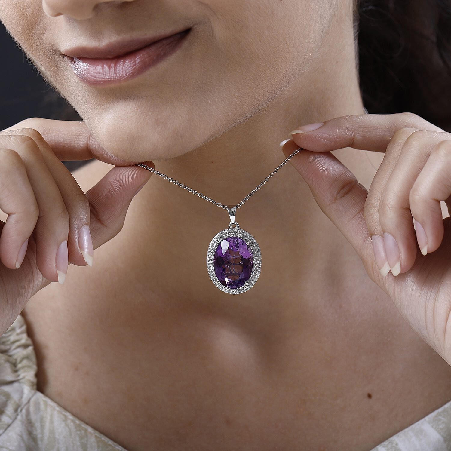 Lusaka Amethyst & Natural Zircon Pendant in Platinum Overlay Sterling Silver 19.26 Ct.