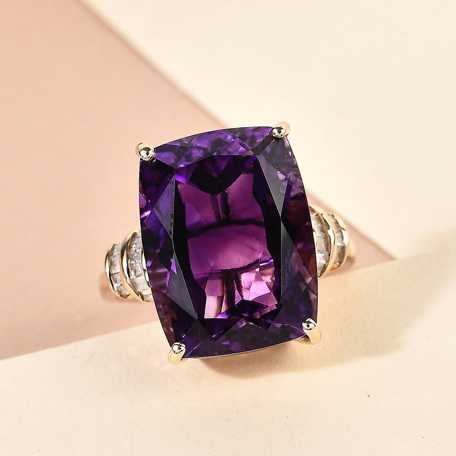 9K Yellow Gold AAA Moroccan Amethyst and Diamond Ring 10.76 Ct.