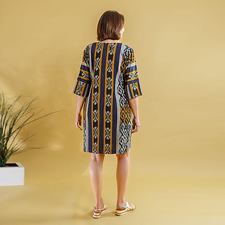 Bali Collection - 100% Cotton Casual Dress (Size M) - Blue and Yellow