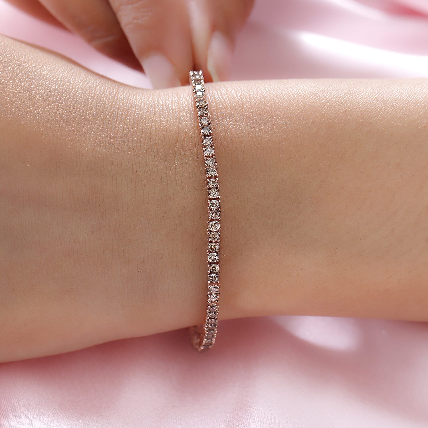 Natural Champagne Diamond Bracelet (Size - 7.5) in Rose Gold Overlay Sterling Silver 3.09 Ct, Silver Wt. 8.06 Gms