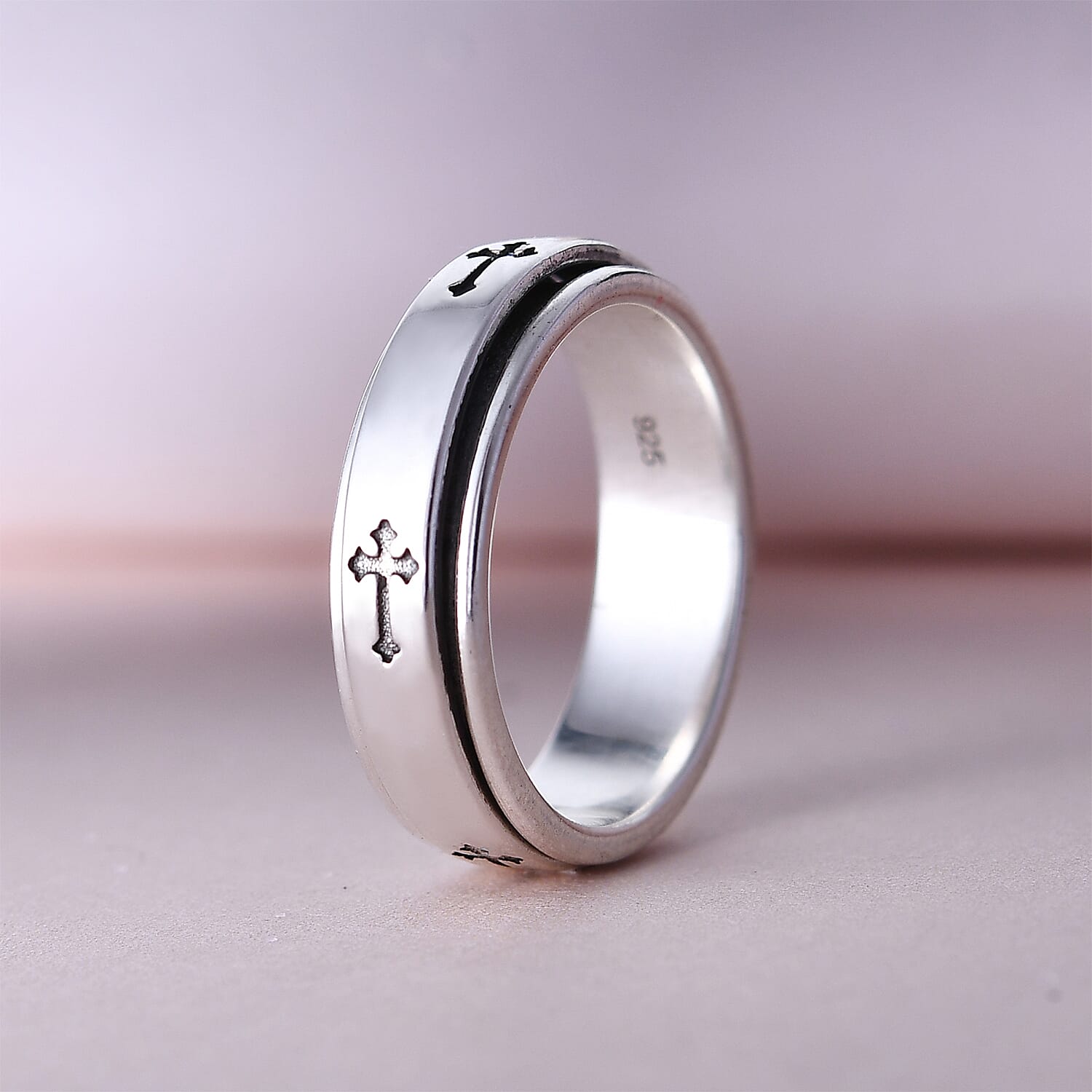 Artisan Crafted Platinum Overlay Sterling Silver Cross Spinner Ring
