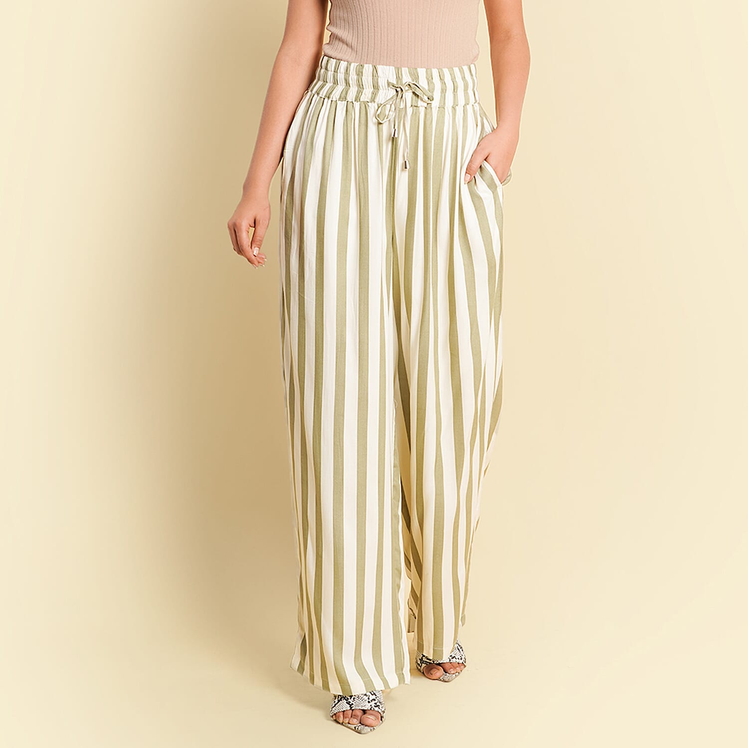TAMSY Viscose Stripe Pattern Palazzo - Olive Green & Off White
