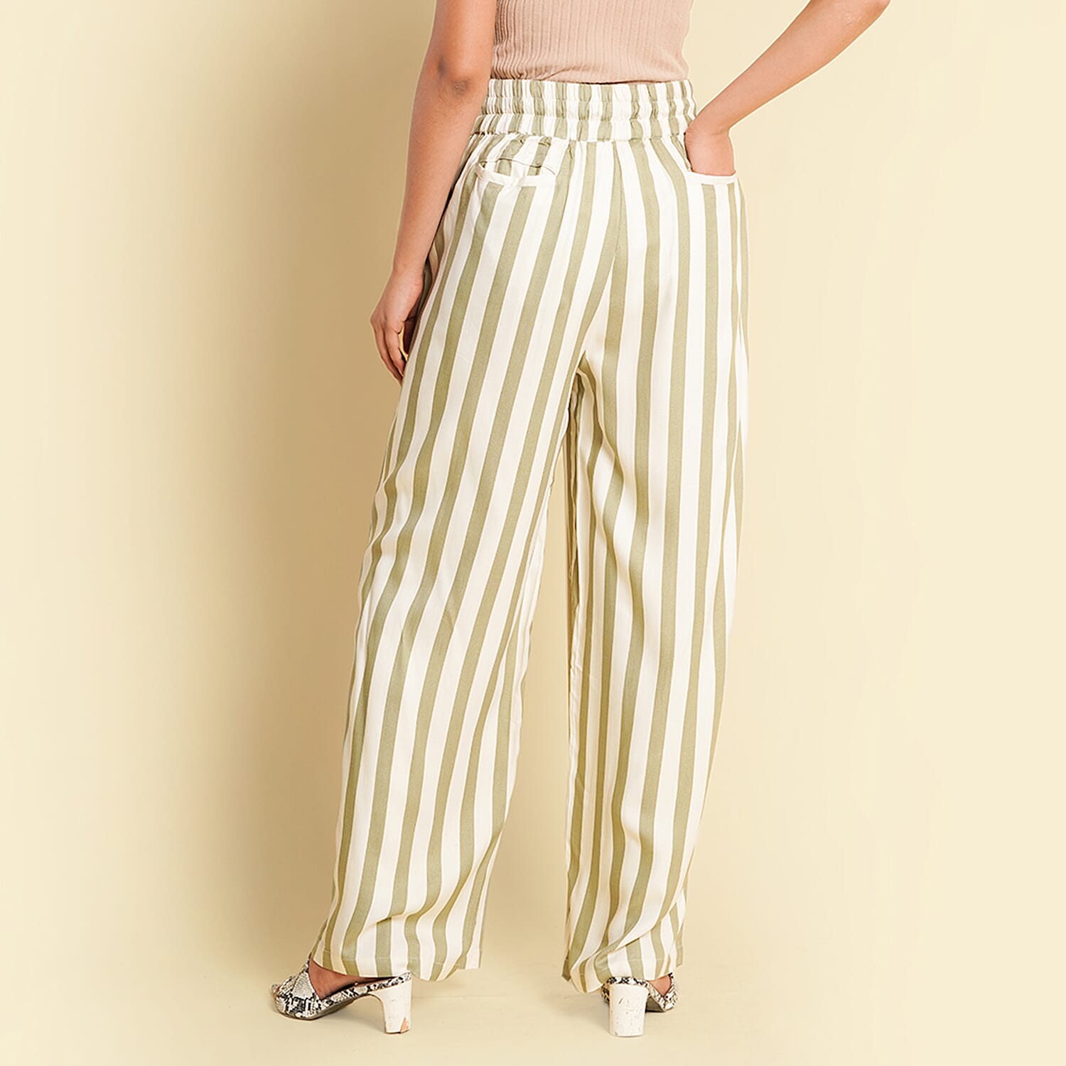 TAMSY Viscose Stripe Pattern Palazzo - Olive Green & Off White