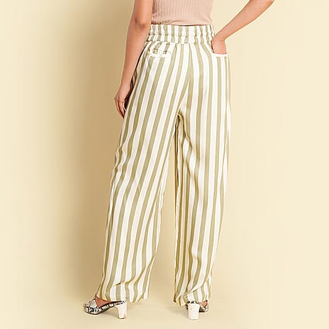 TAMSY 100% Viscose Stripe Pattern Palazzo (Size M) - Olive Green & Off White