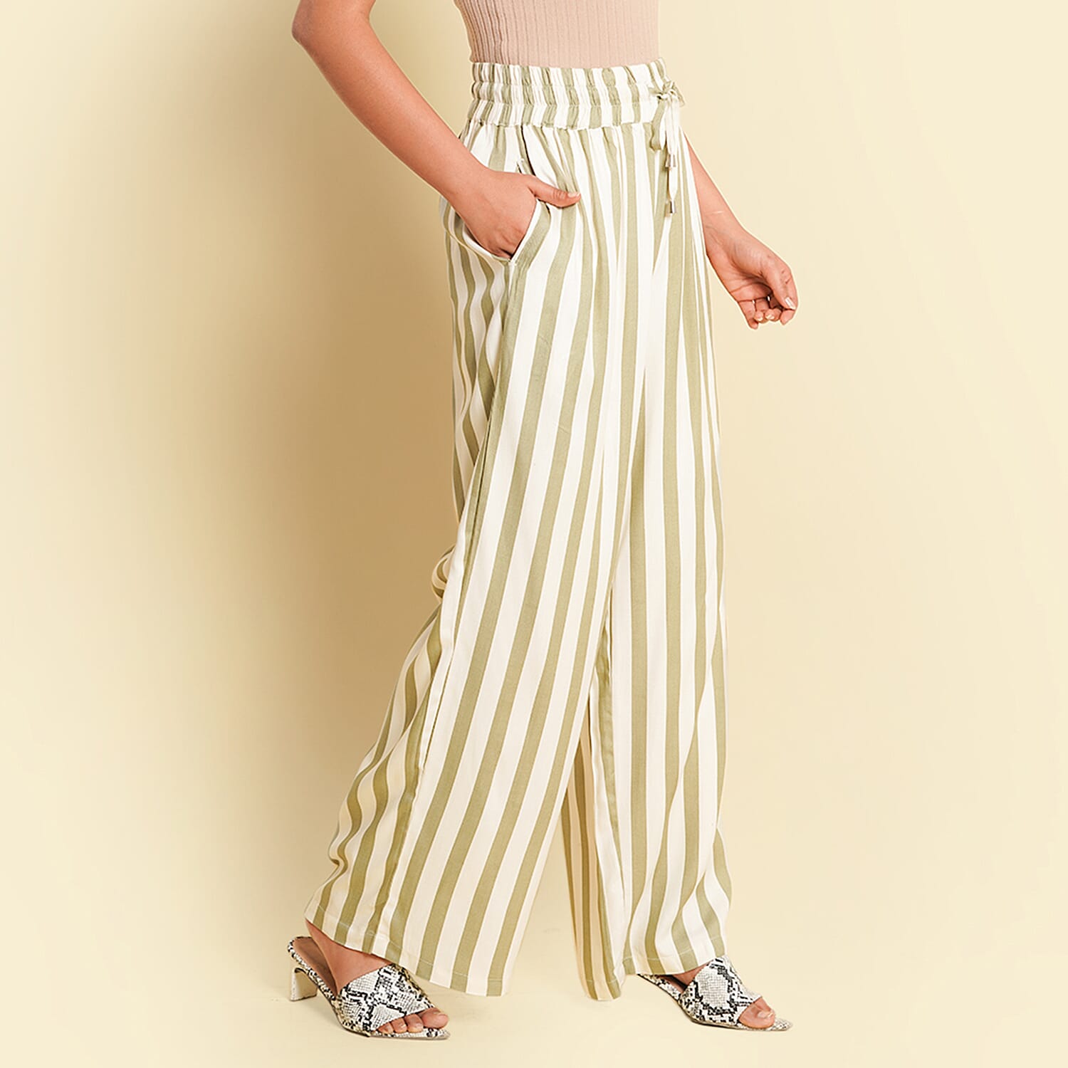 TAMSY 100% Viscose Stripe Pattern Wide Leg Trouser (Size M) - Olive Green & Off White