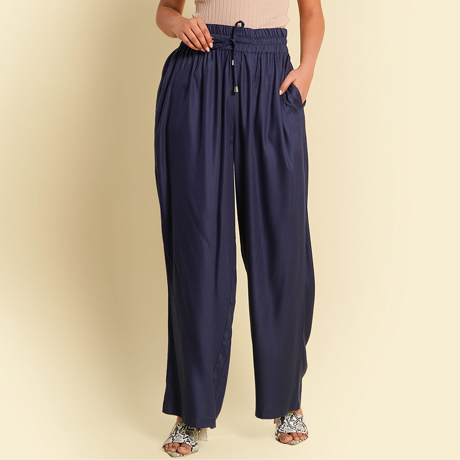 TAMSY Viscose Stripe Pattern Palazzo - Olive Green & Off White