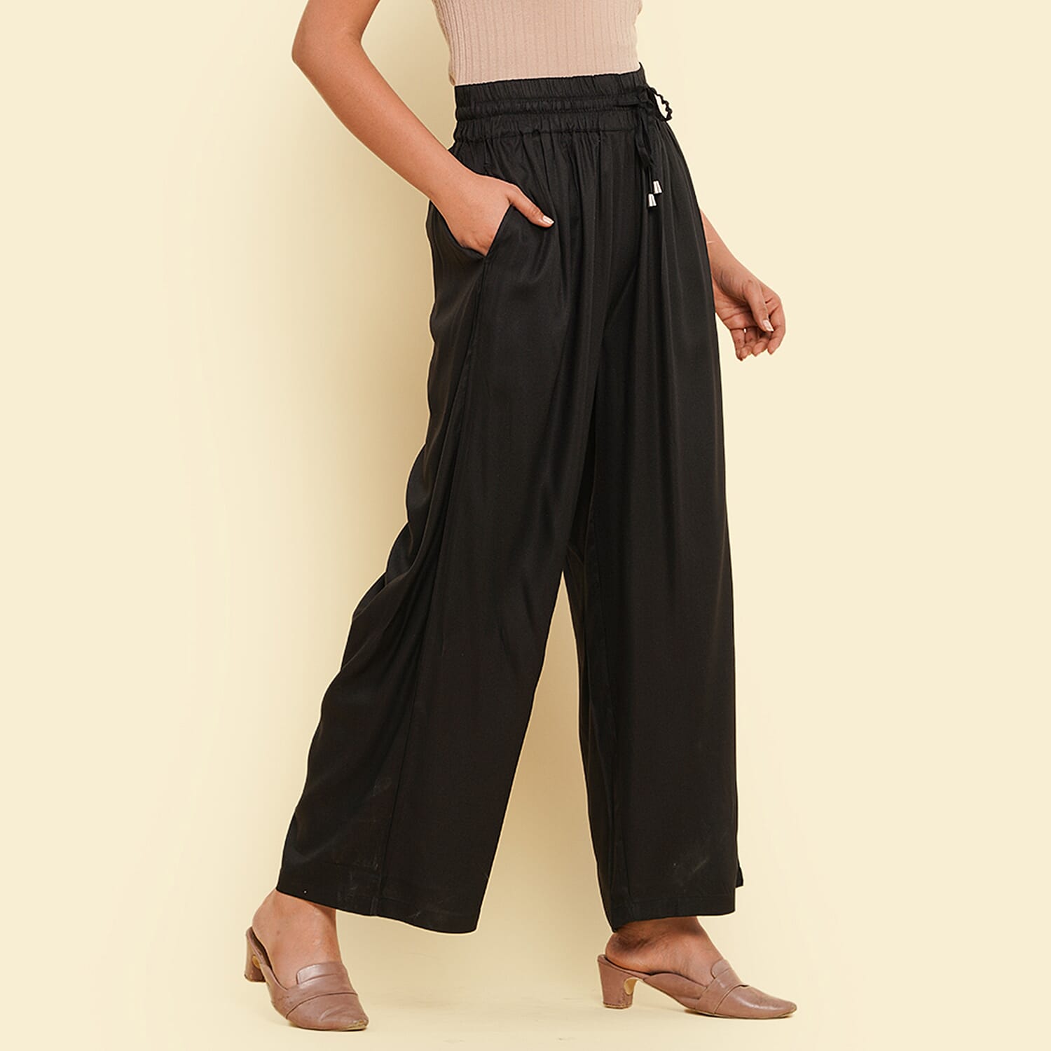 TAMSY Viscose Stripe Pattern Palazzo - Olive Green & Off White