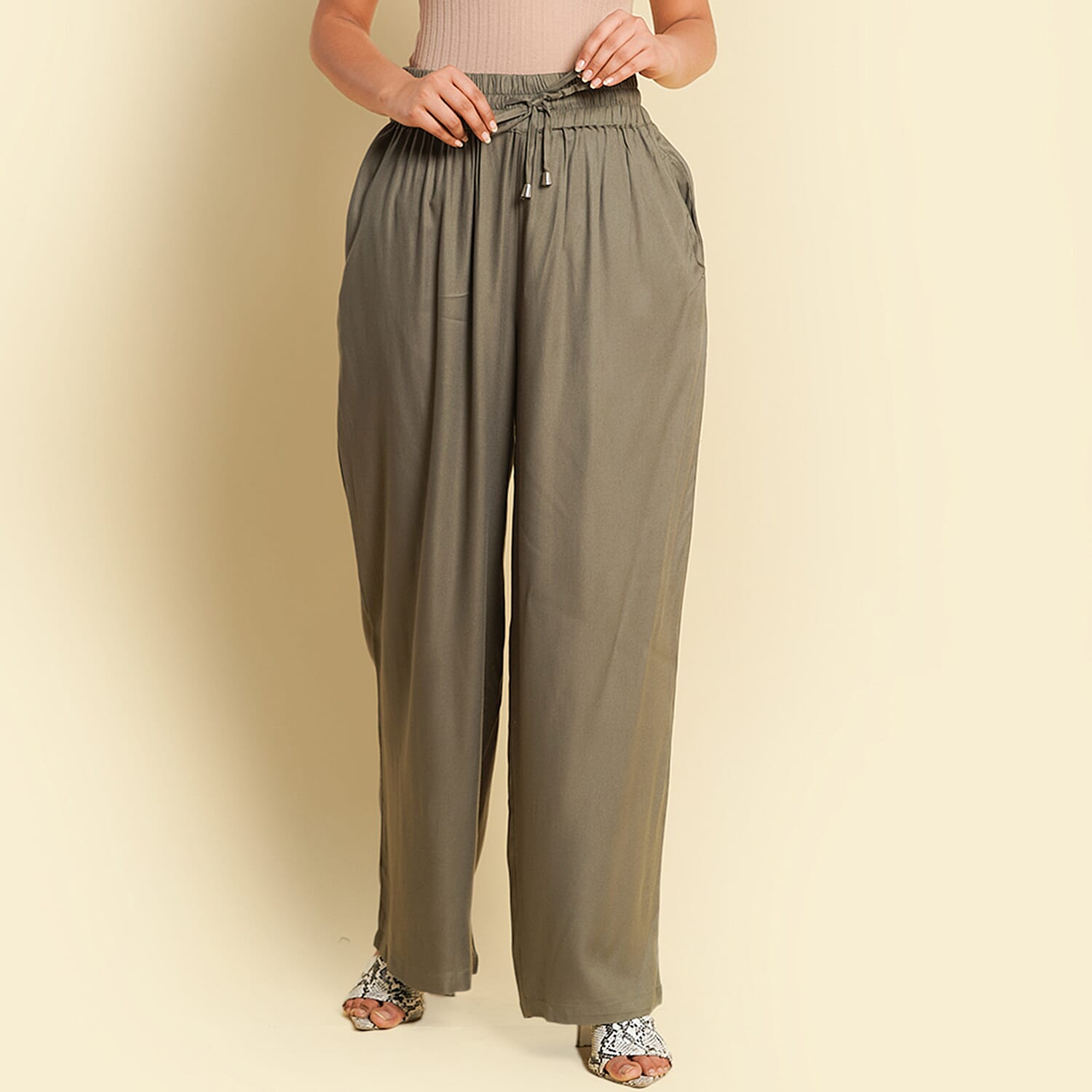 TAMSY Viscose Stripe Pattern Palazzo - Olive Green & Off White