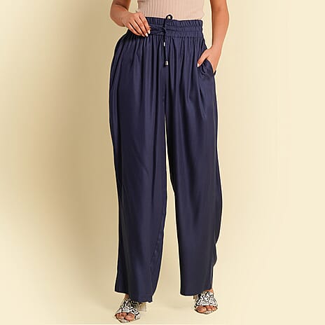 TAMSY 100% Viscose Plain Palazzo (Size XL) - Navy
