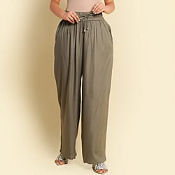 TAMSY 100% Viscose Plain Palazzo (Size S) - Khaki