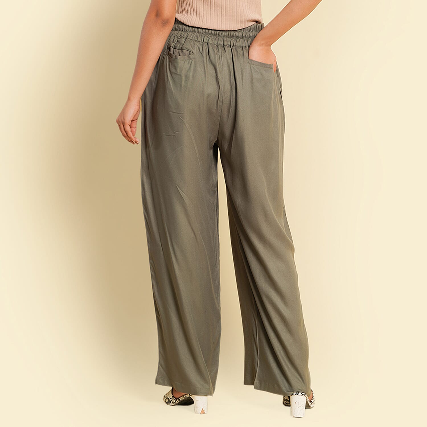 TAMSY 100% Viscose Stripe Pattern Palazzo (Size S) - Olive Green & Off White