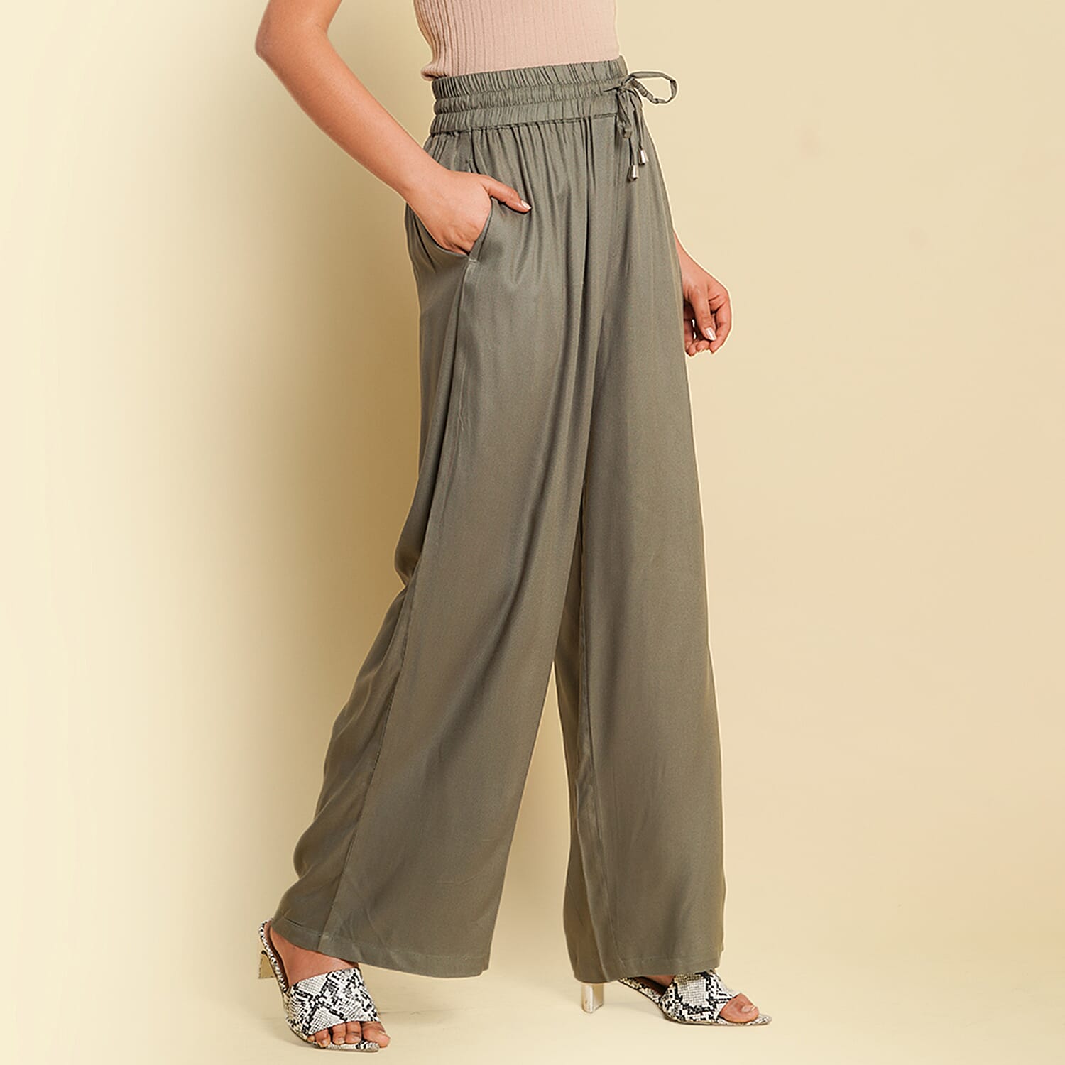 TAMSY 100% Viscose Stripe Pattern Palazzo (Size S) - Olive Green & Off White