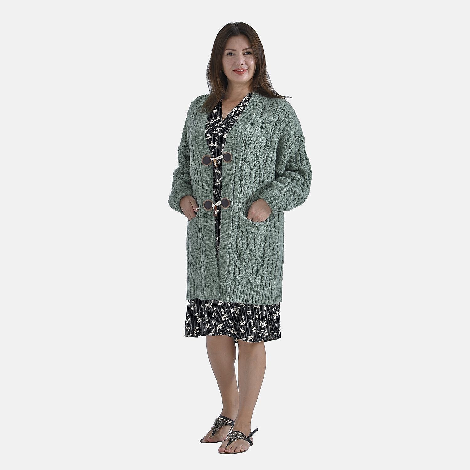 TAMSY Long Cardigan with Buttons (Size 8-22) - Olive Green