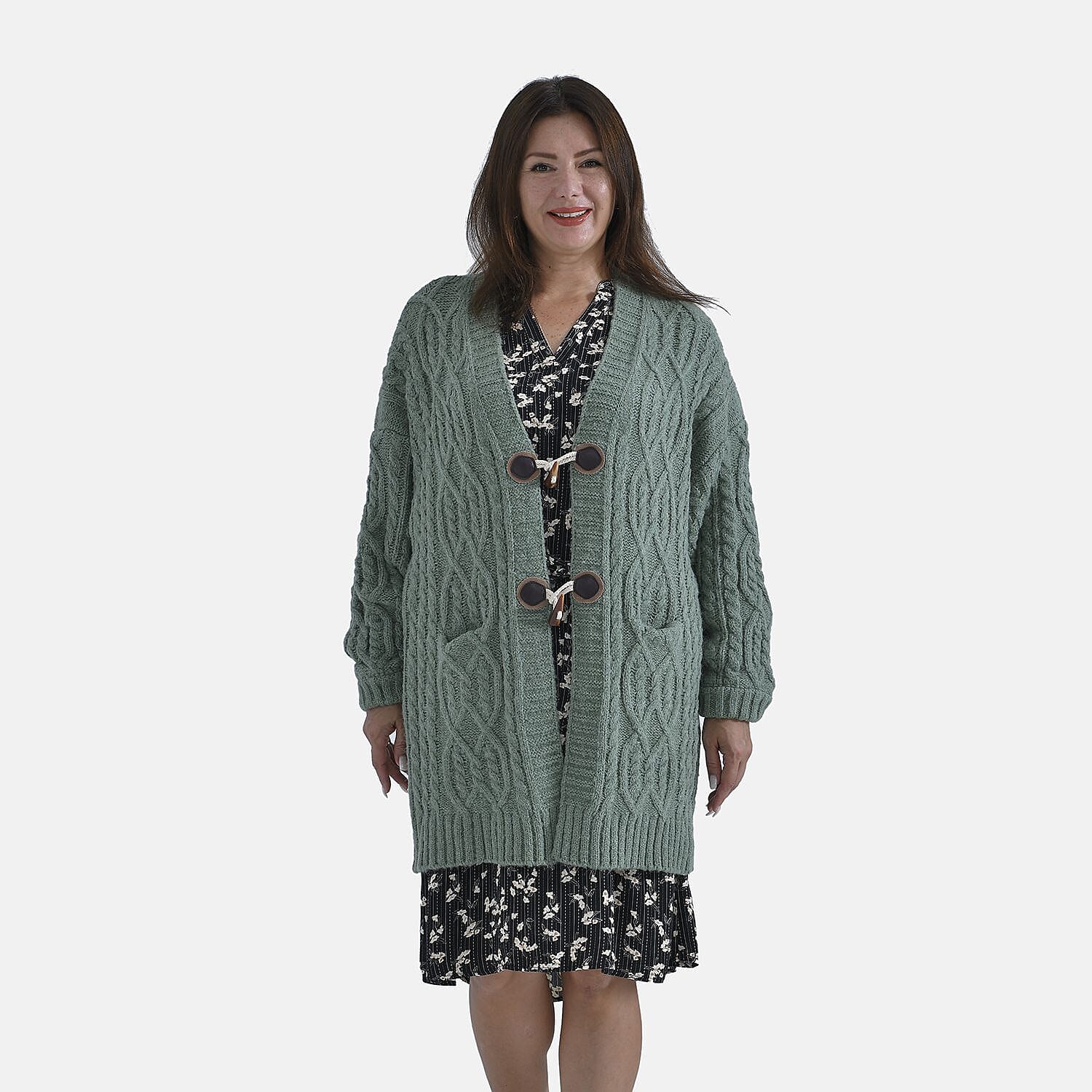 TAMSY Long Cardigan with Buttons (Size 8-22) - Olive Green