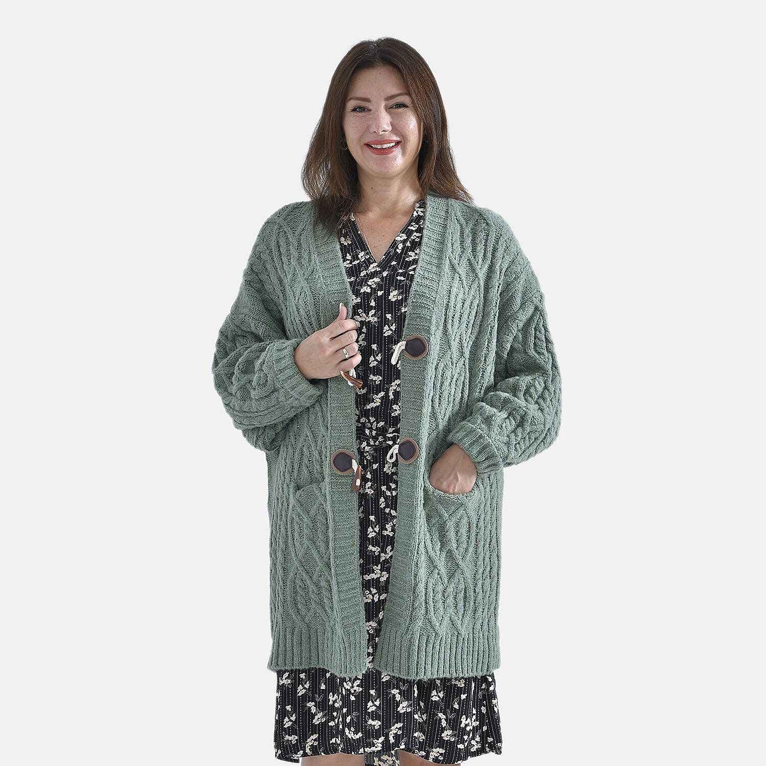 TAMSY Long Cardigan with Buttons (Size 8-22) - Olive Green