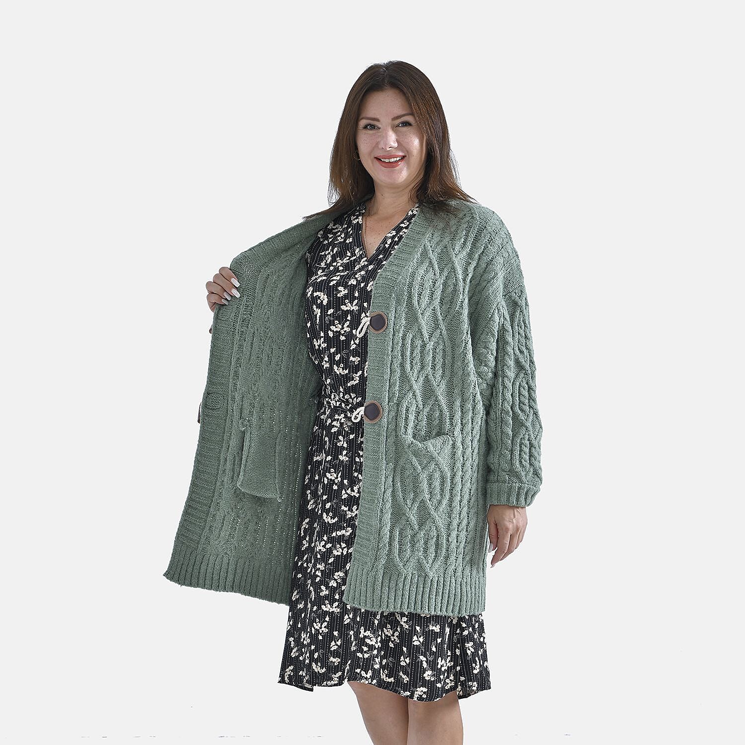 TAMSY Long Cardigan with Buttons - Olive Green