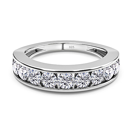 Moissanite Half Eternity Wedding Band Ring in Platinum Plated Sterling Silver