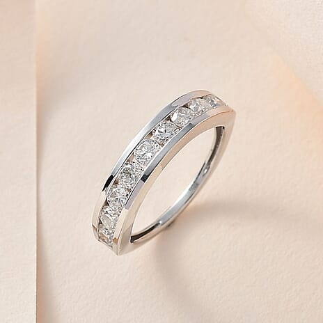Moissanite Half Eternity Band Ring in Platinum Overlay Sterling Silver