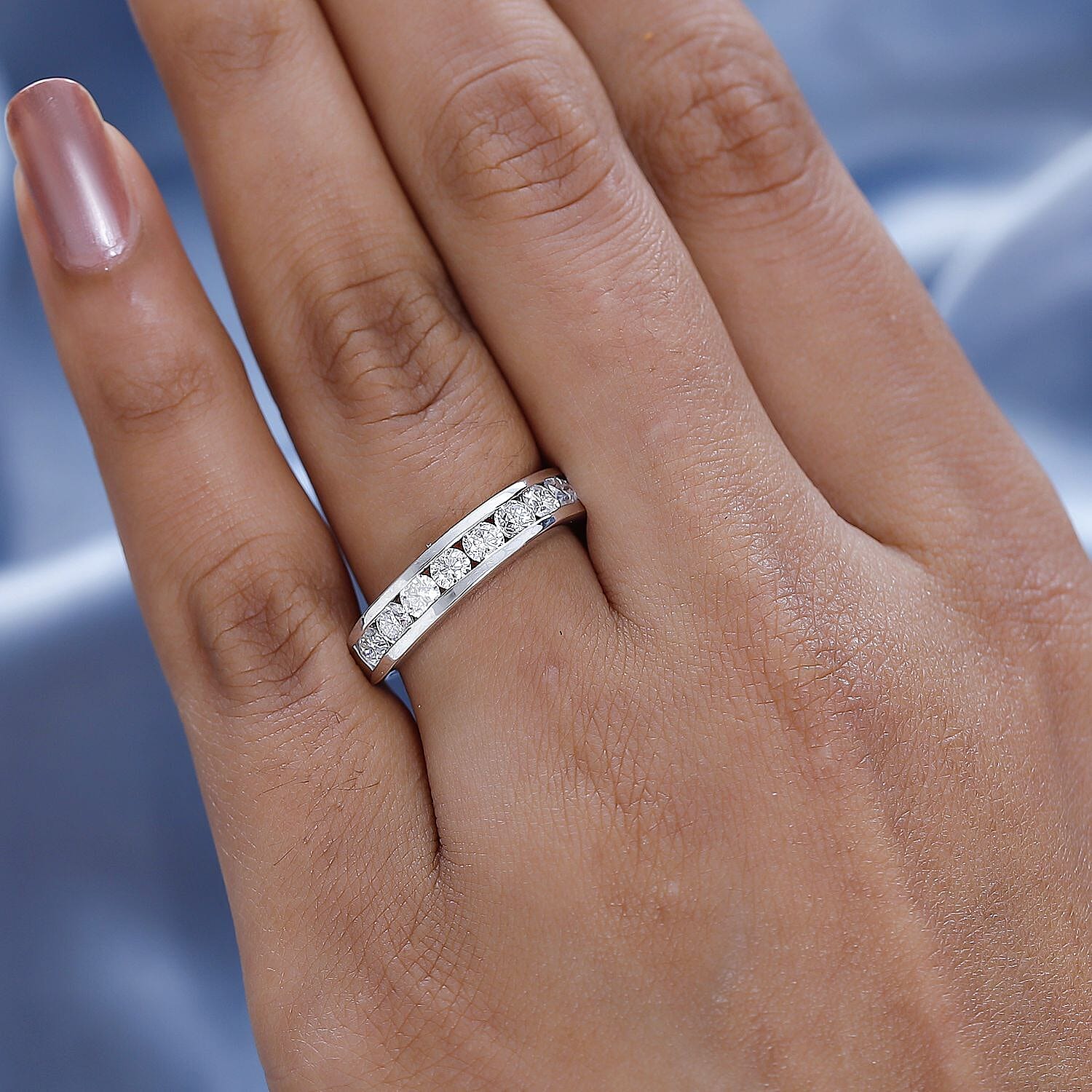 Moissanite Half Eternity Band Ring in Platinum Overlay Sterling Silver