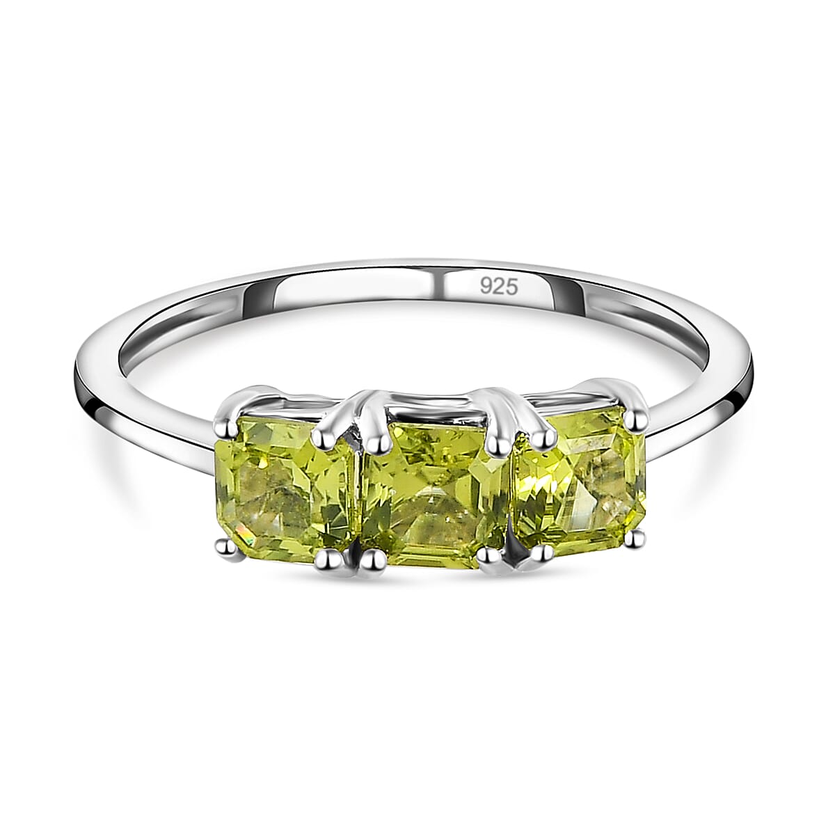 Arizona Peridot (Asscher Cut) Trilogy Ring in Platinum Overlay Sterling Silver 1.10 Ct.