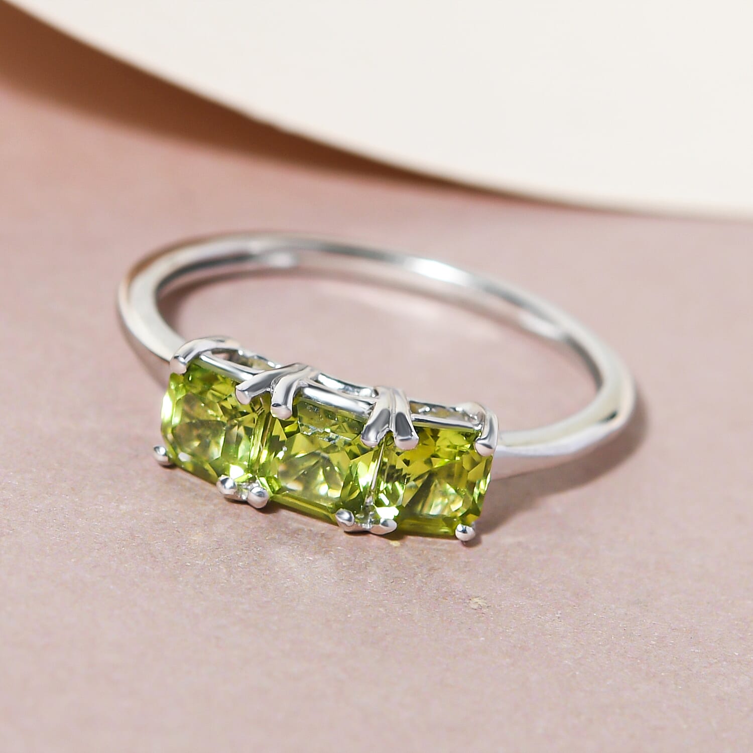 Arizona Peridot (Asscher Cut) Trilogy Ring in Platinum Overlay Sterling Silver 1.10 Ct.