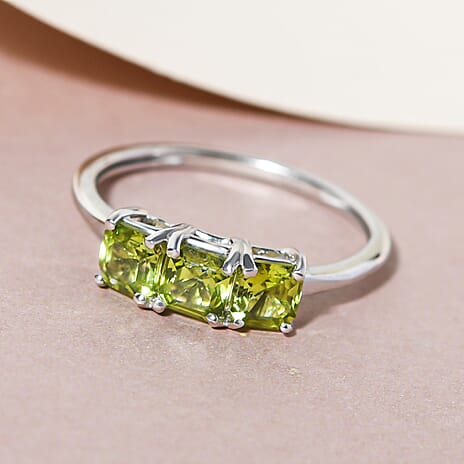 Arizona Peridot (Asscher Cut) Trilogy Ring in Platinum Overlay Sterling Silver 1.10 Ct.
