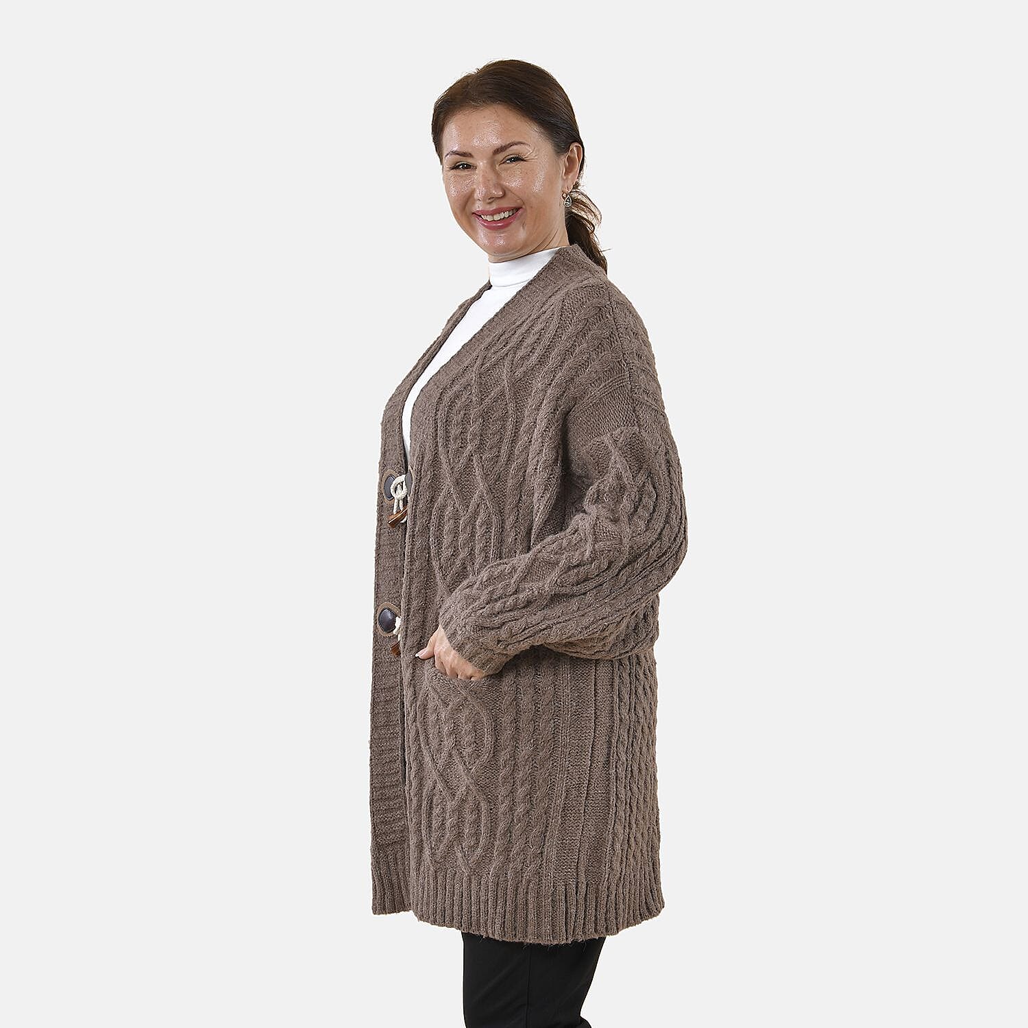 TAMSY Long Cardigan with Buttons (Size 8-22) - Beige