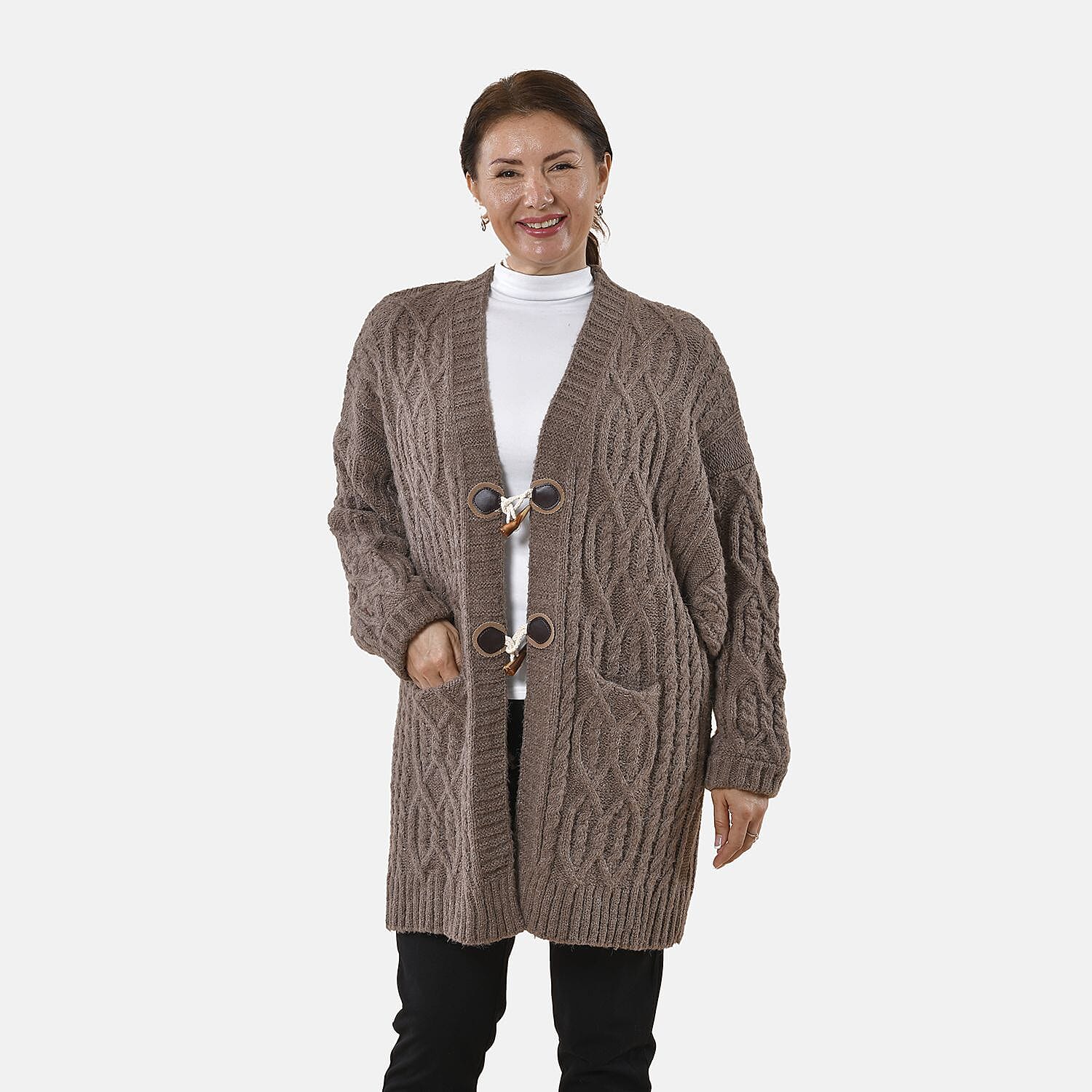 TAMSY Long Cardigan with Buttons (Size 8-22) - Beige