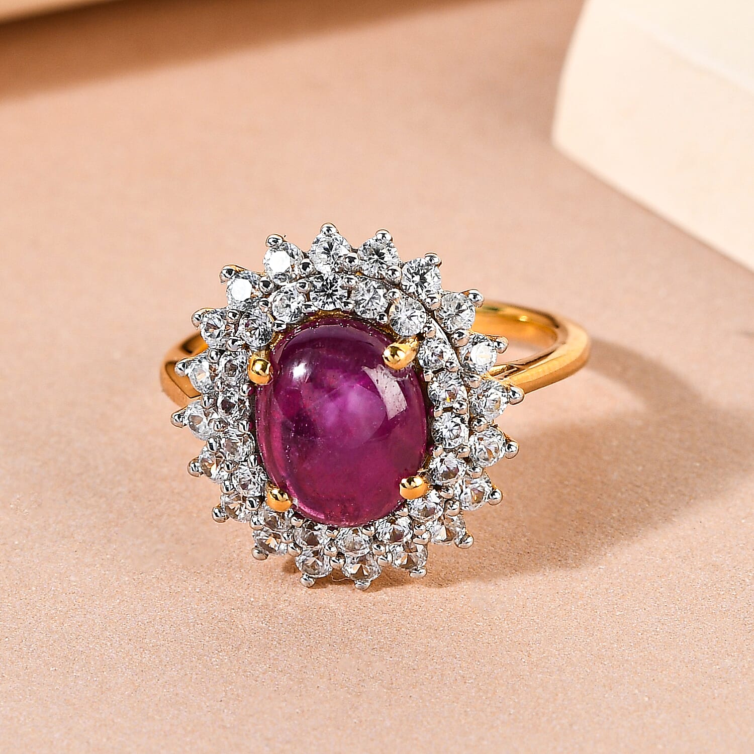 Star Ruby and Natural Cambodian Zircon Cluster Ring in 14K Gold Overlay Sterling Silver 6.17 Ct.