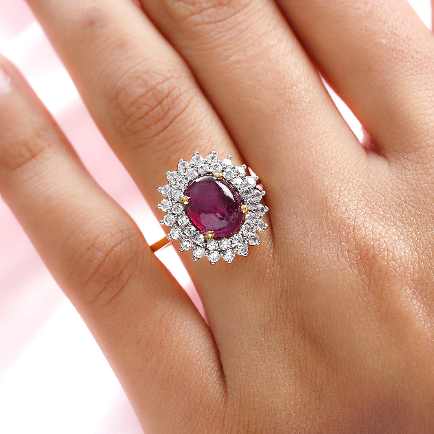 Star Ruby and Natural Cambodian Zircon Cluster Ring in 14K Gold Overlay Sterling Silver 6.17 Ct.