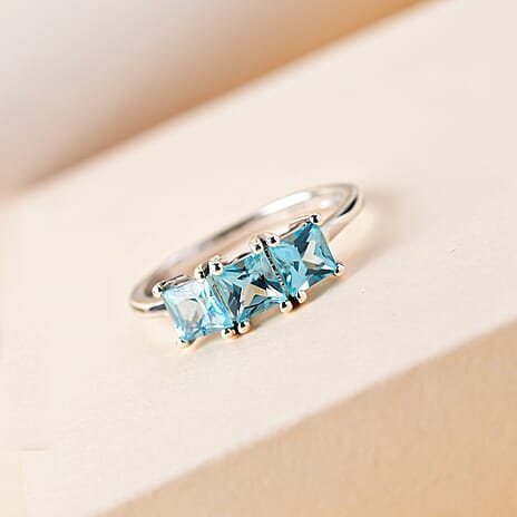 Blue Apatite Trilogy Ring in Platinum Overlay Sterling Silver 1.12 Ct.