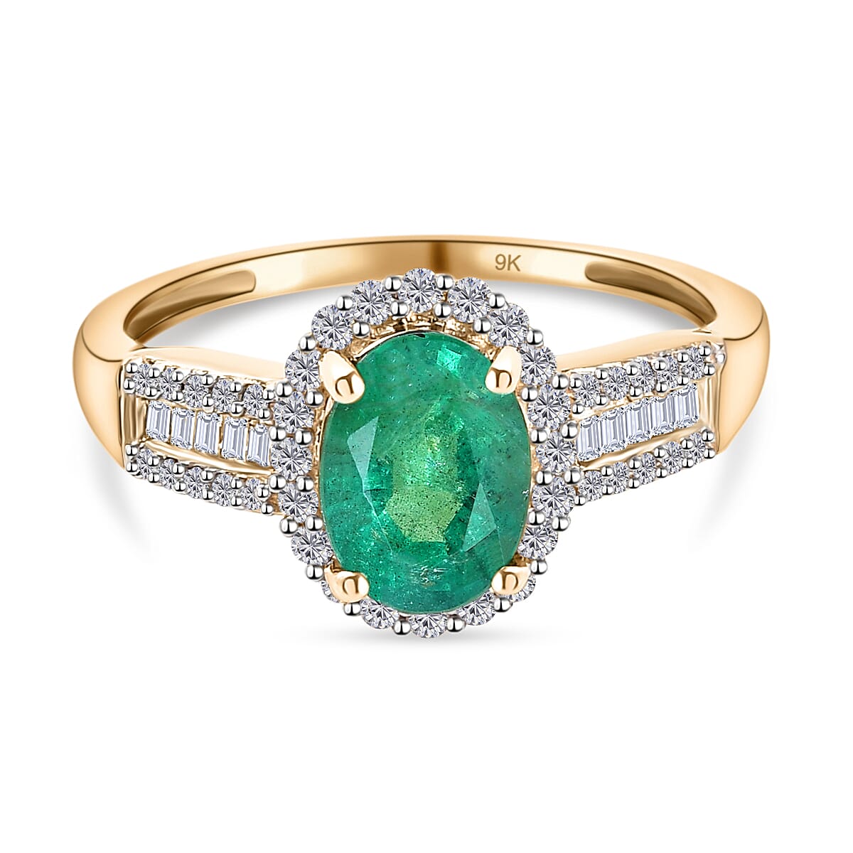 9K Yellow Gold AAA Kagem Zambian Emerald and Diamond Ring 1.43 Ct.
